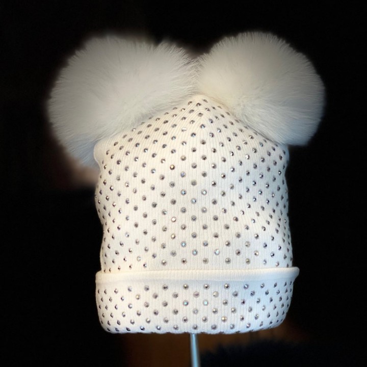 Cashmere Wollmütze mit Weissfuchsbommeln und Swarovski Steinen